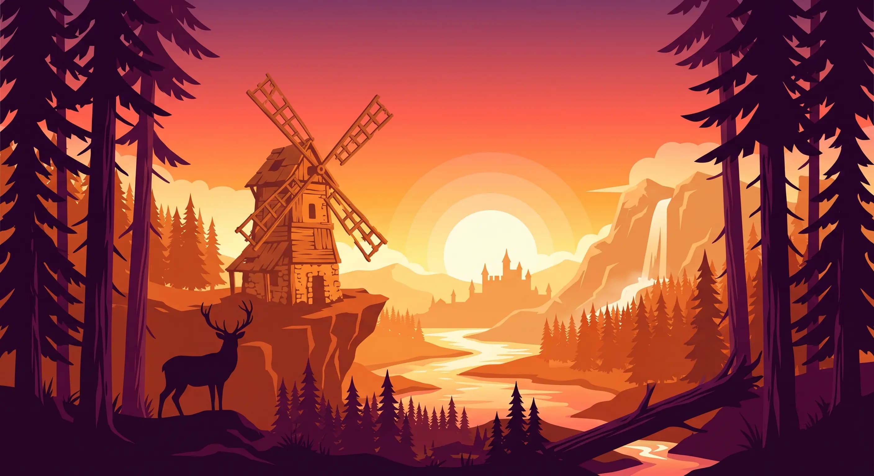 Sunset landscape with a windmill, a deer and a waterfall